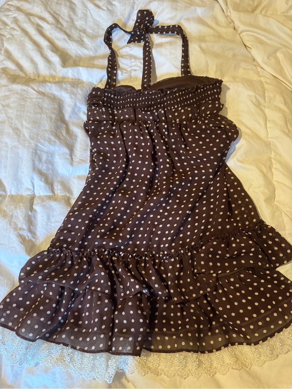 Brown Polka Dot Halter Sundress with Lace Trim - Picture 2 of 2